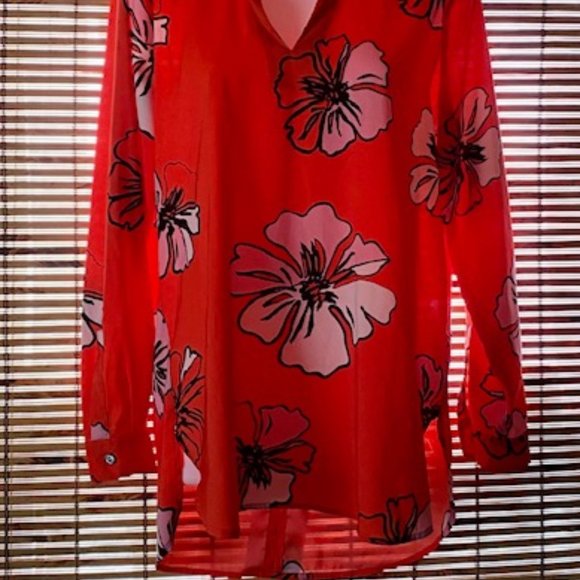 Vince Camuto Bright Orange & Pink Tropcial Hibiscus Blooms Blouse - Picture 7 of 14